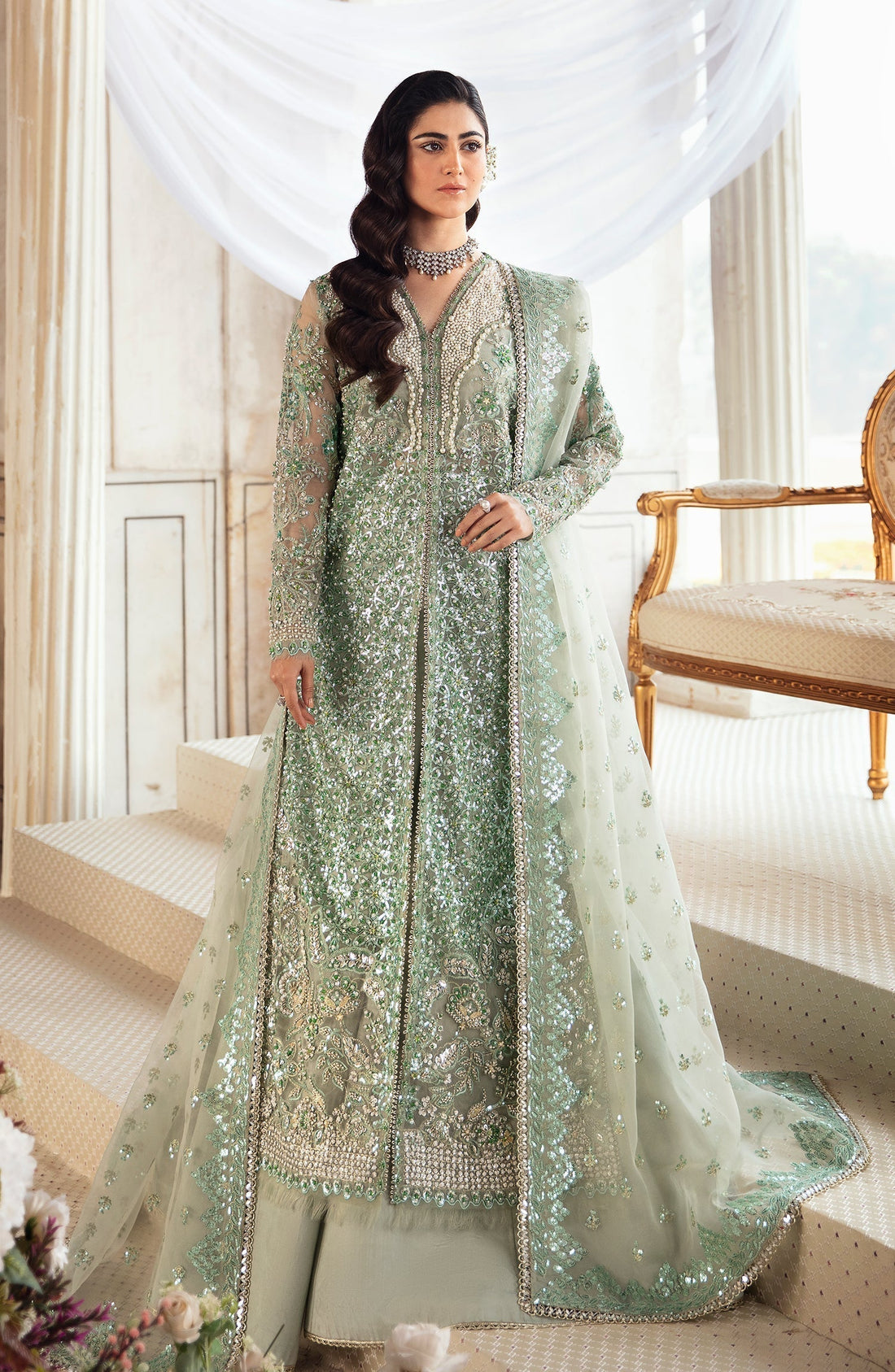 Zevk Afsanah Luxury Embroidered Organza 3Pc Suit - Wasaabi - House Of Hania