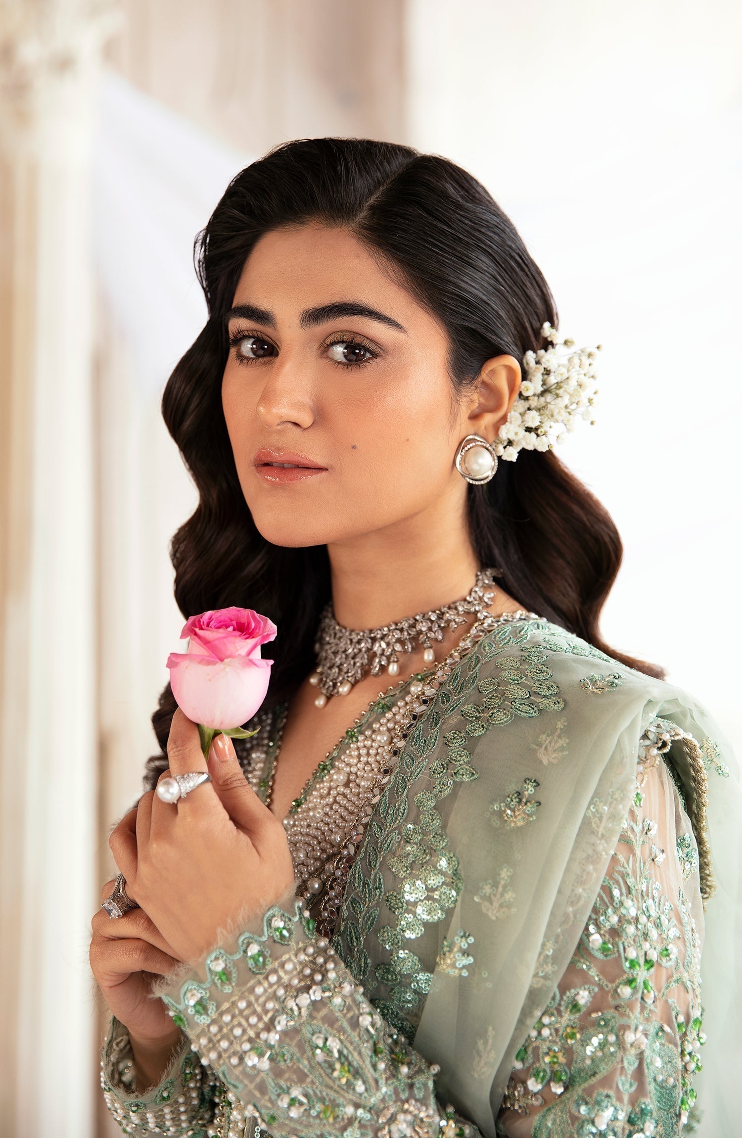 Zevk Afsanah Luxury Embroidered Organza 3Pc Suit - Wasaabi - House Of Hania