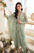 Zevk Afsanah Luxury Embroidered Organza 3Pc Suit - Wasaabi - House Of Hania