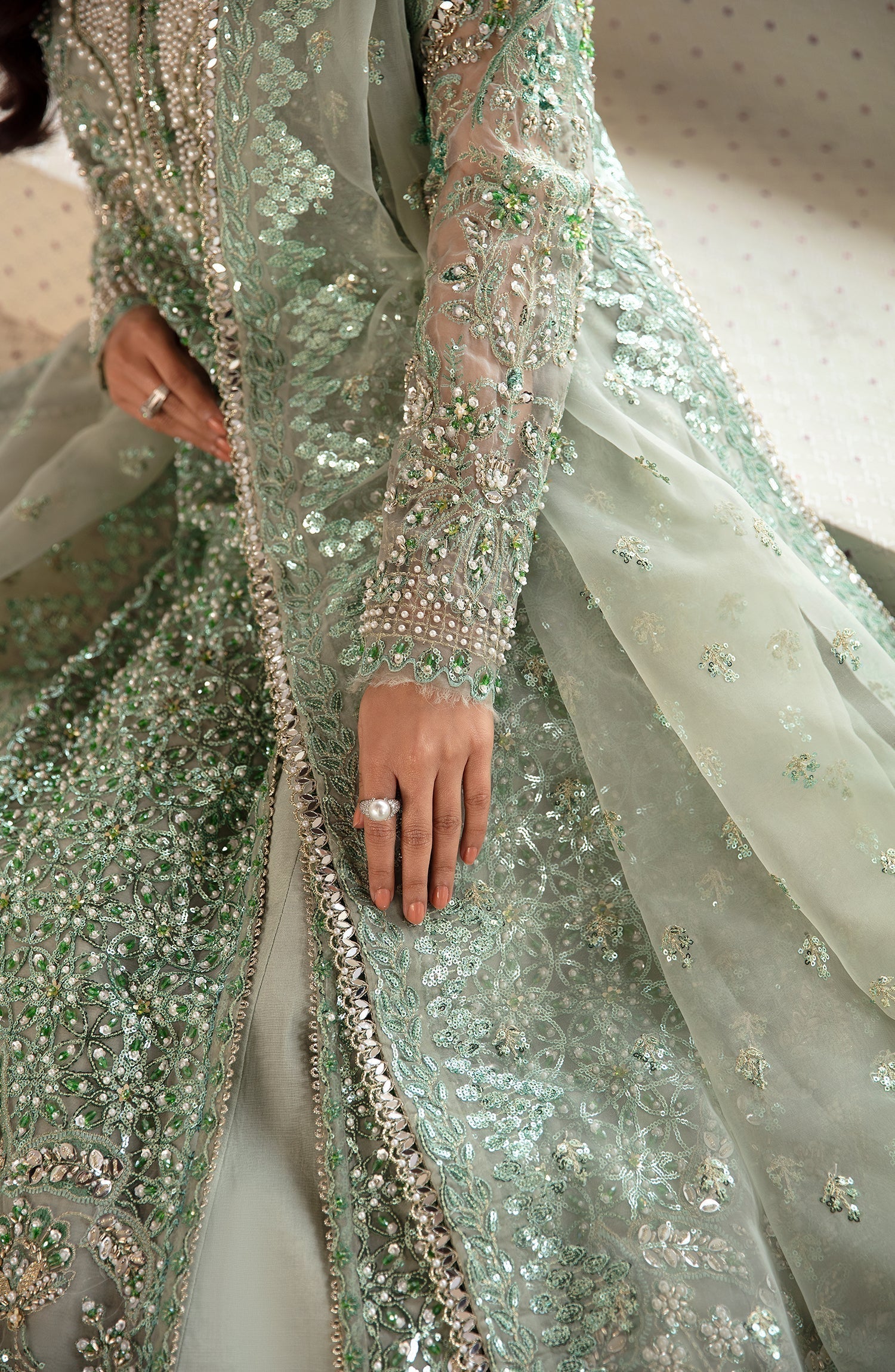 Zevk Afsanah Luxury Embroidered Organza 3Pc Suit - Wasaabi - House Of Hania