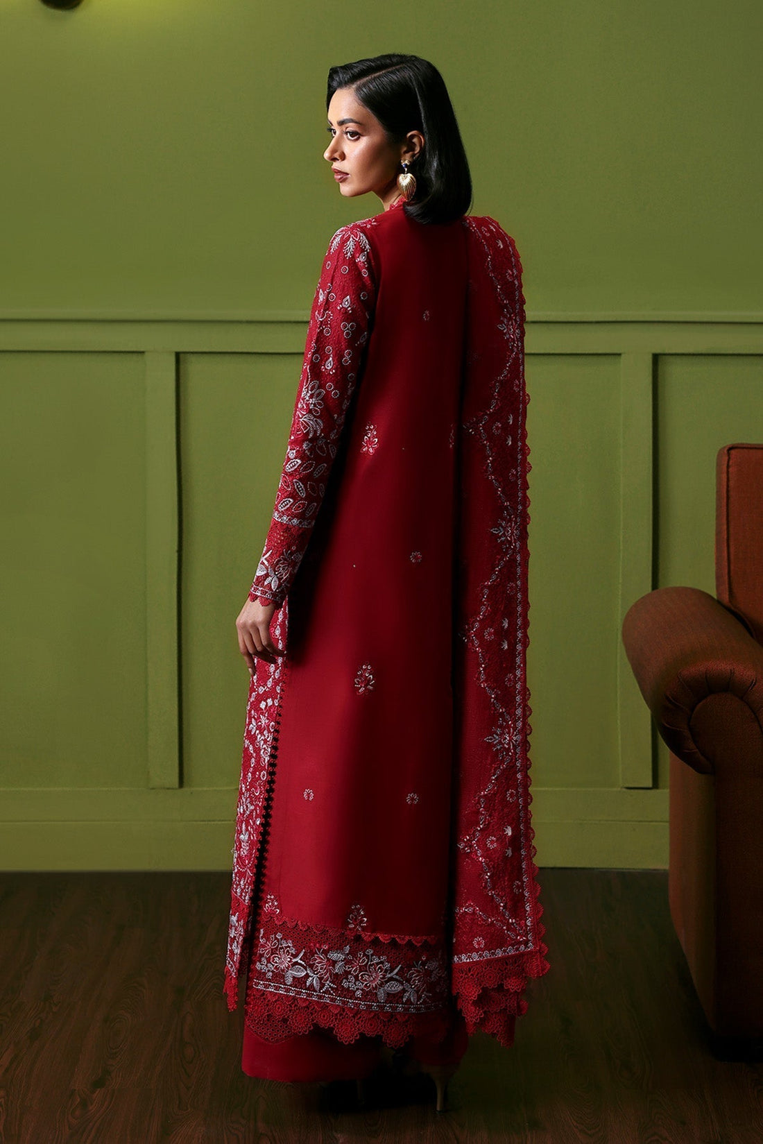 Model wearing Afrozeh Melodia embroidered lawn suit
