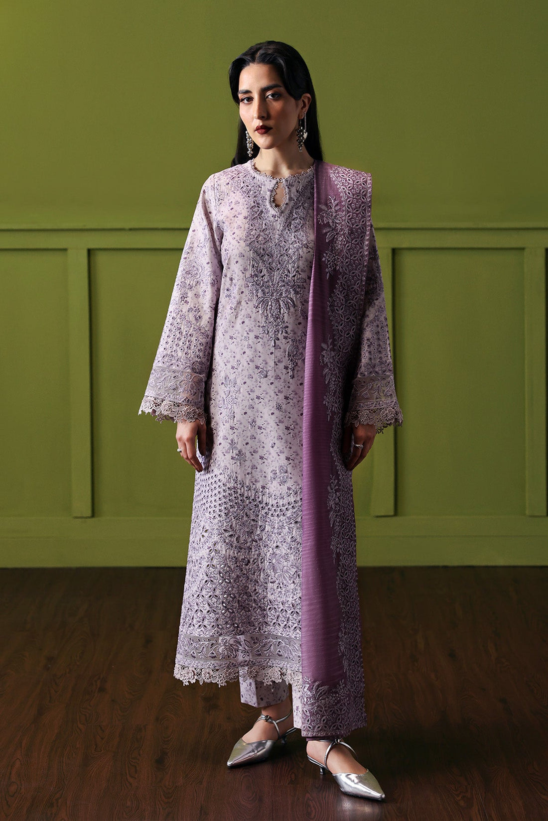 Model wearing Afrozeh Empress embroidered lawn suit