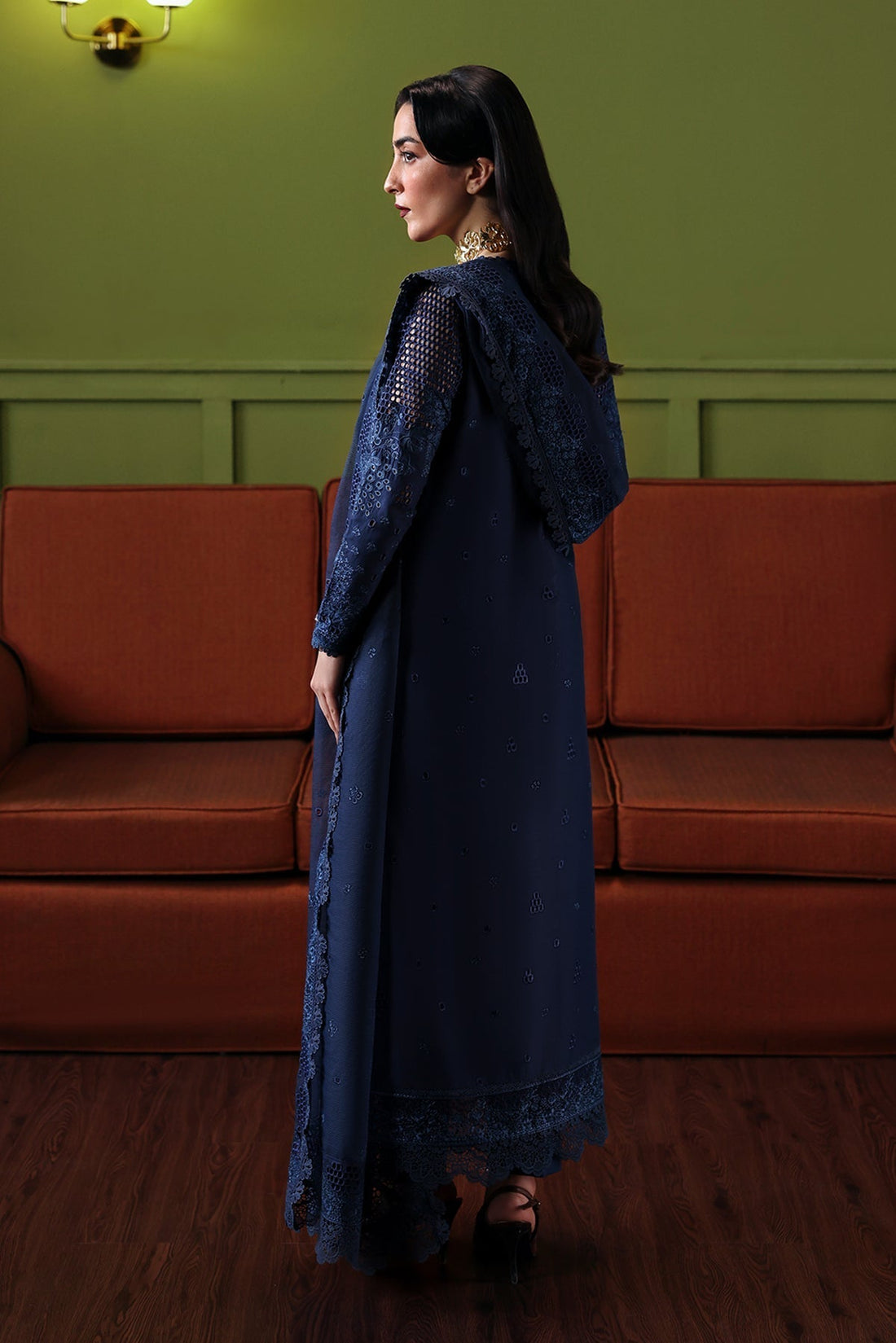 Model wearing Afrozeh Cadence blue embroidered lawn suit