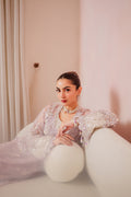 Emaan Adeel Lapis S0481 embroidered organza suit in lilac — seated view
