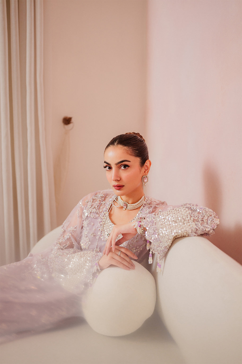 Emaan Adeel Lapis S0481 embroidered organza suit in lilac — seated view
