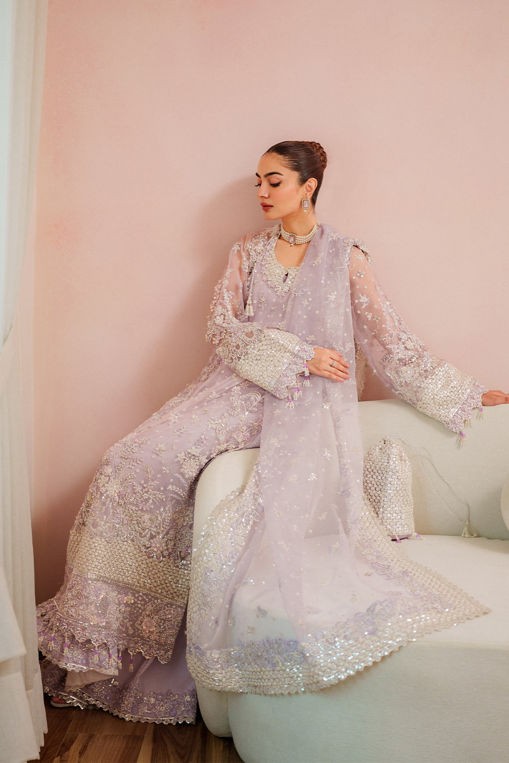 Emaan Adeel Lapis S0481 embroidered organza suit in lilac — seated view