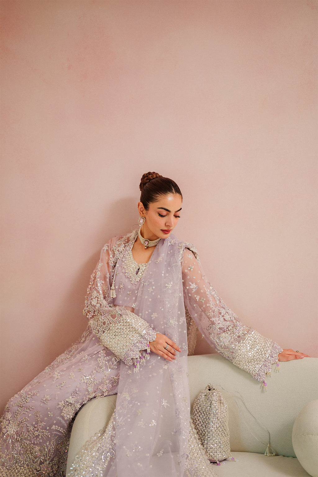 Emaan Adeel Lapis S0481 embroidered organza suit in lilac — seated view