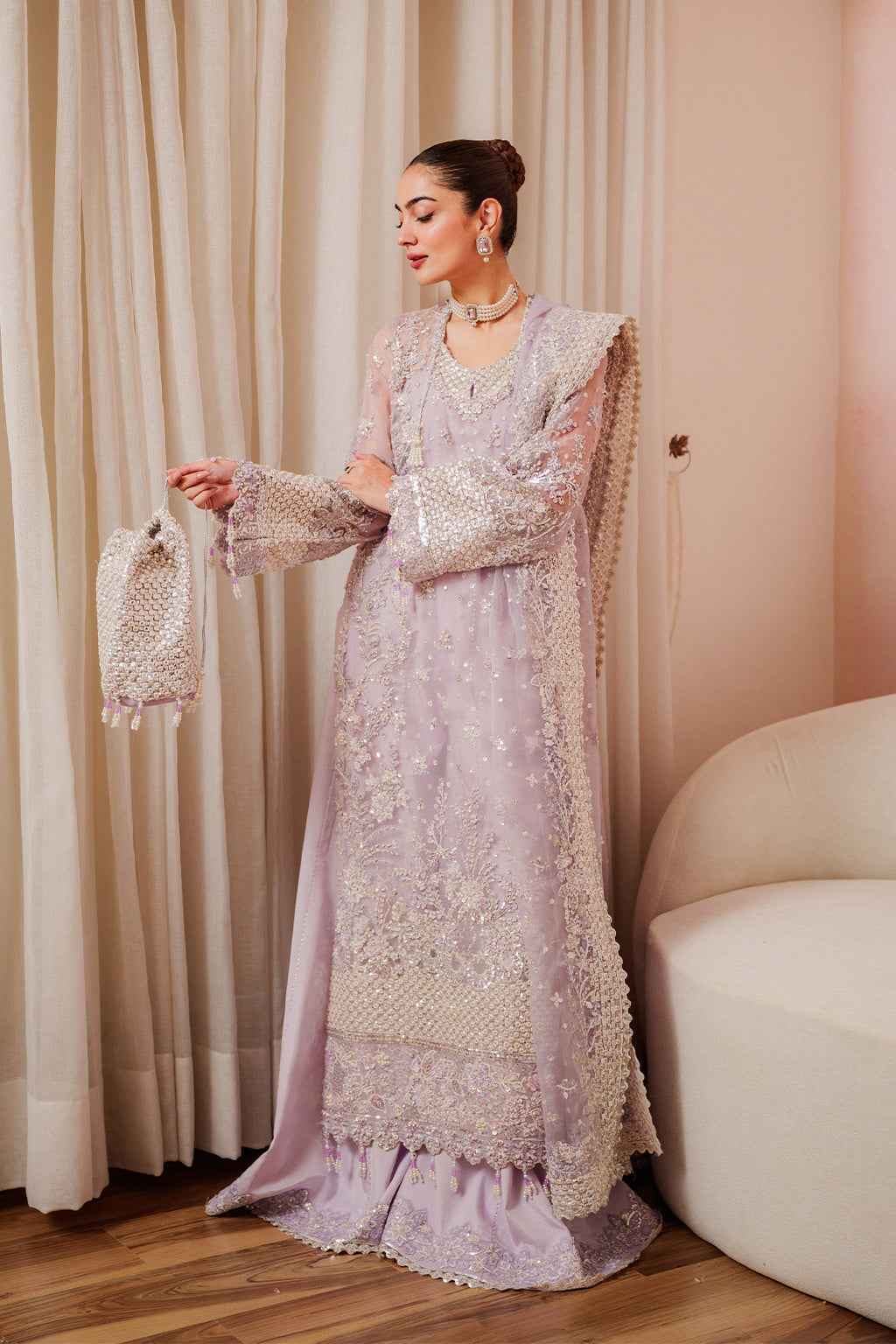 Emaan Adeel Lapis S0481 embroidered organza suit in lilac — front view