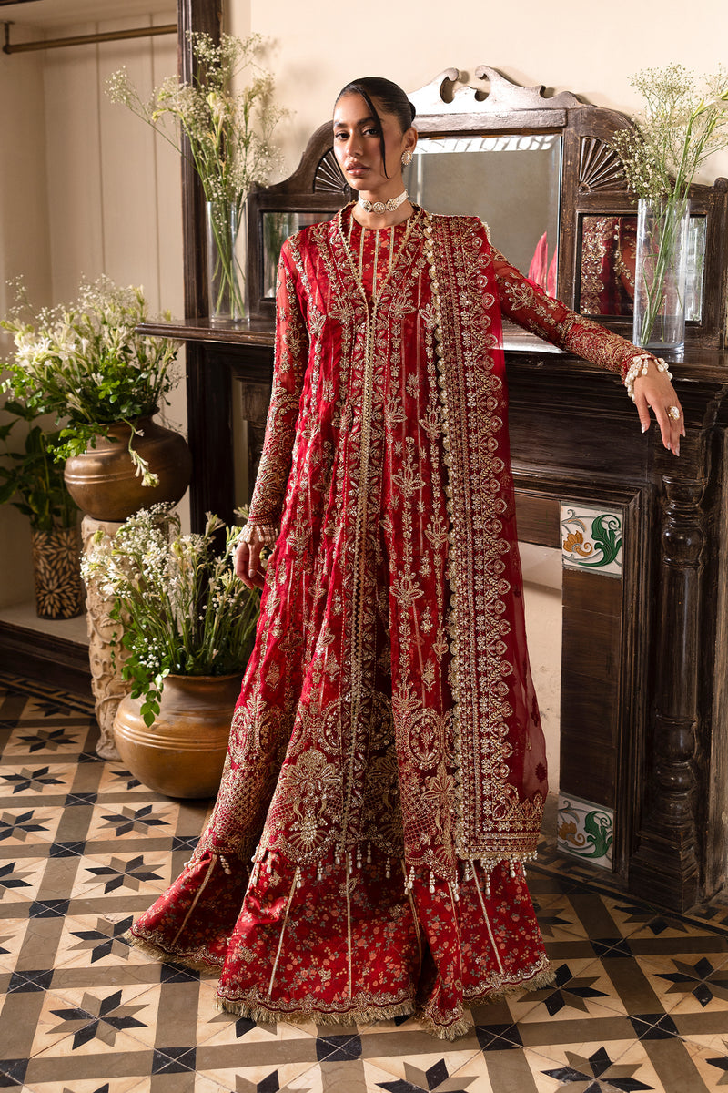 Model wearing Afrozeh Tearose maxi & lehenga