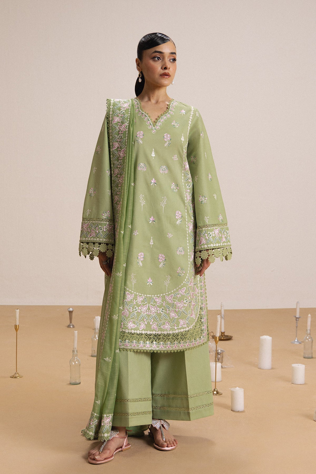 Model wearing Afrozeh Nacre shirt & trouser set